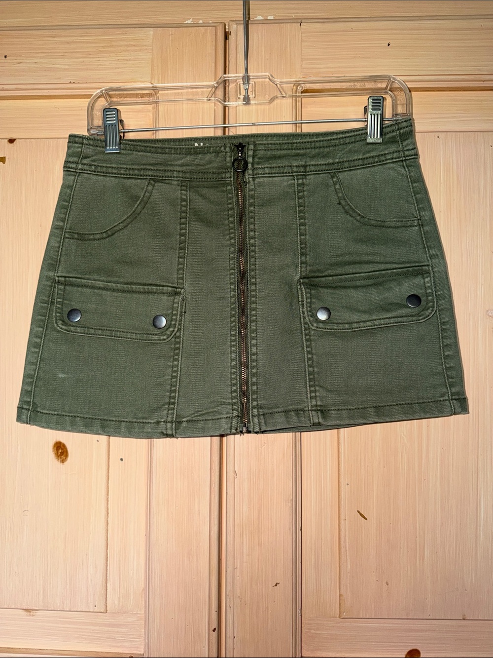 No Boundaries Olive Green Front-Zip Utility Mini Skirt